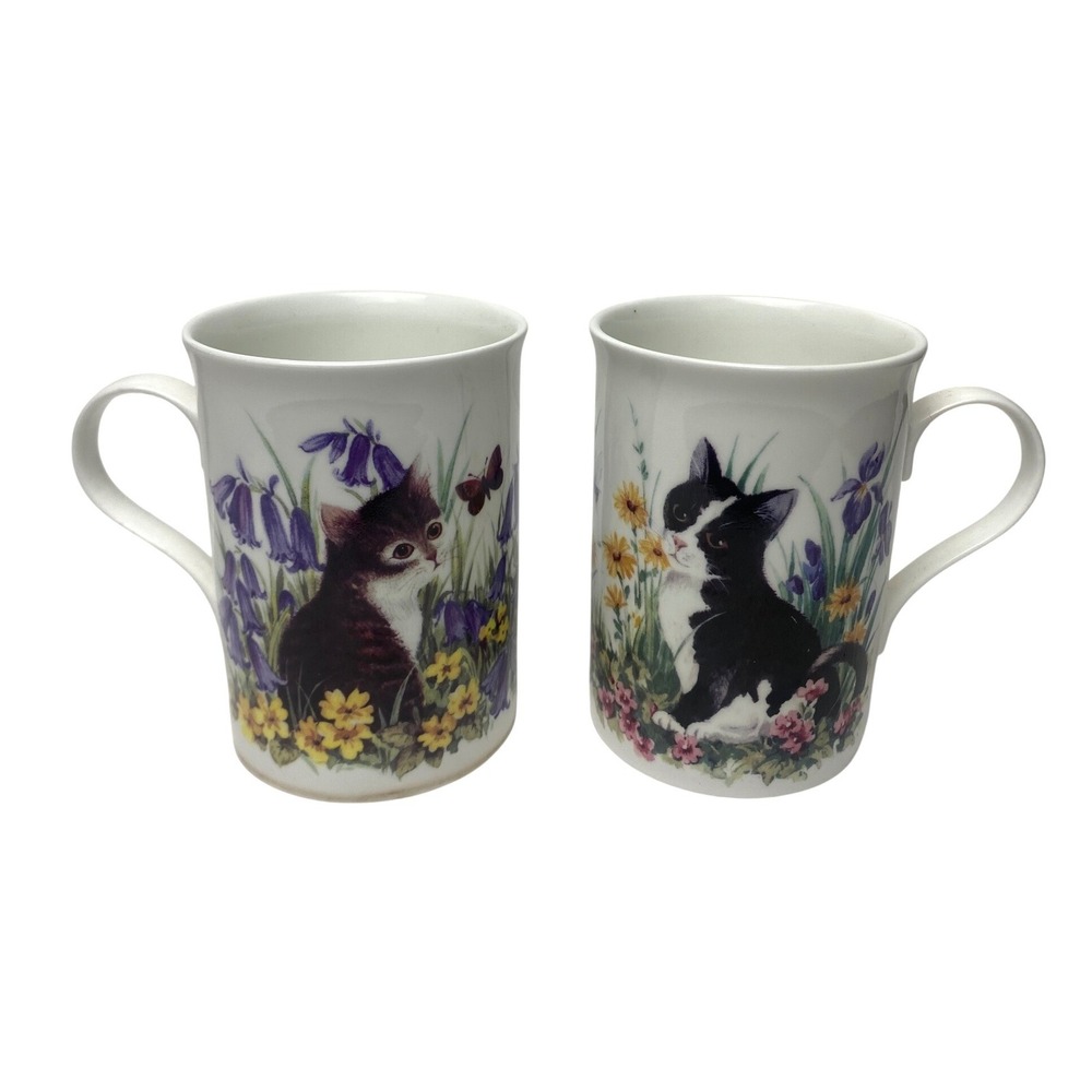 Golden Crown Fine Bone China Kitten Mugs Made in England Cat Tea Cups Set of 2